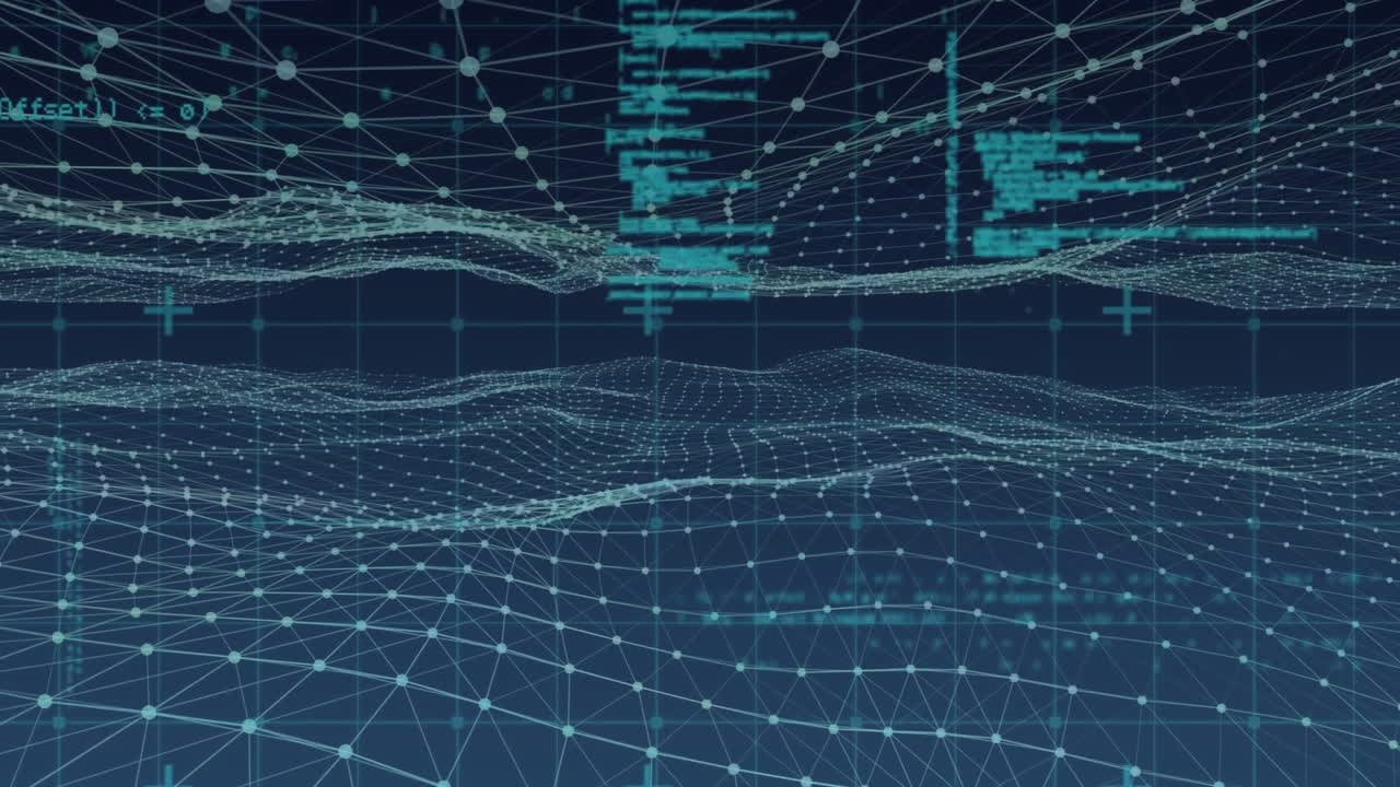 Animation of mesh of network of connections over dark background