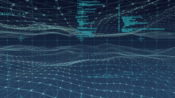 Animation of mesh of network of connections over dark background