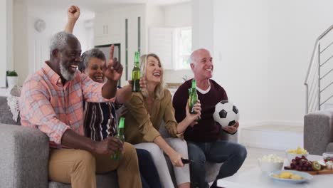 two diverse senior couples sitting on a couch watching a game drinking beer cheering