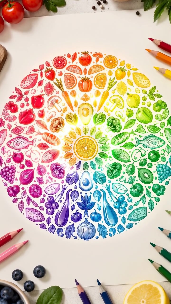 La vista dall'alto si avvicina a una ruota alimentare arcobaleno composta da frutta, verdura, pesce, erbe aromatiche e formaggio, mentre un bagliore centrale luminoso si espande tra matite, pomodori, mirtilli e limone