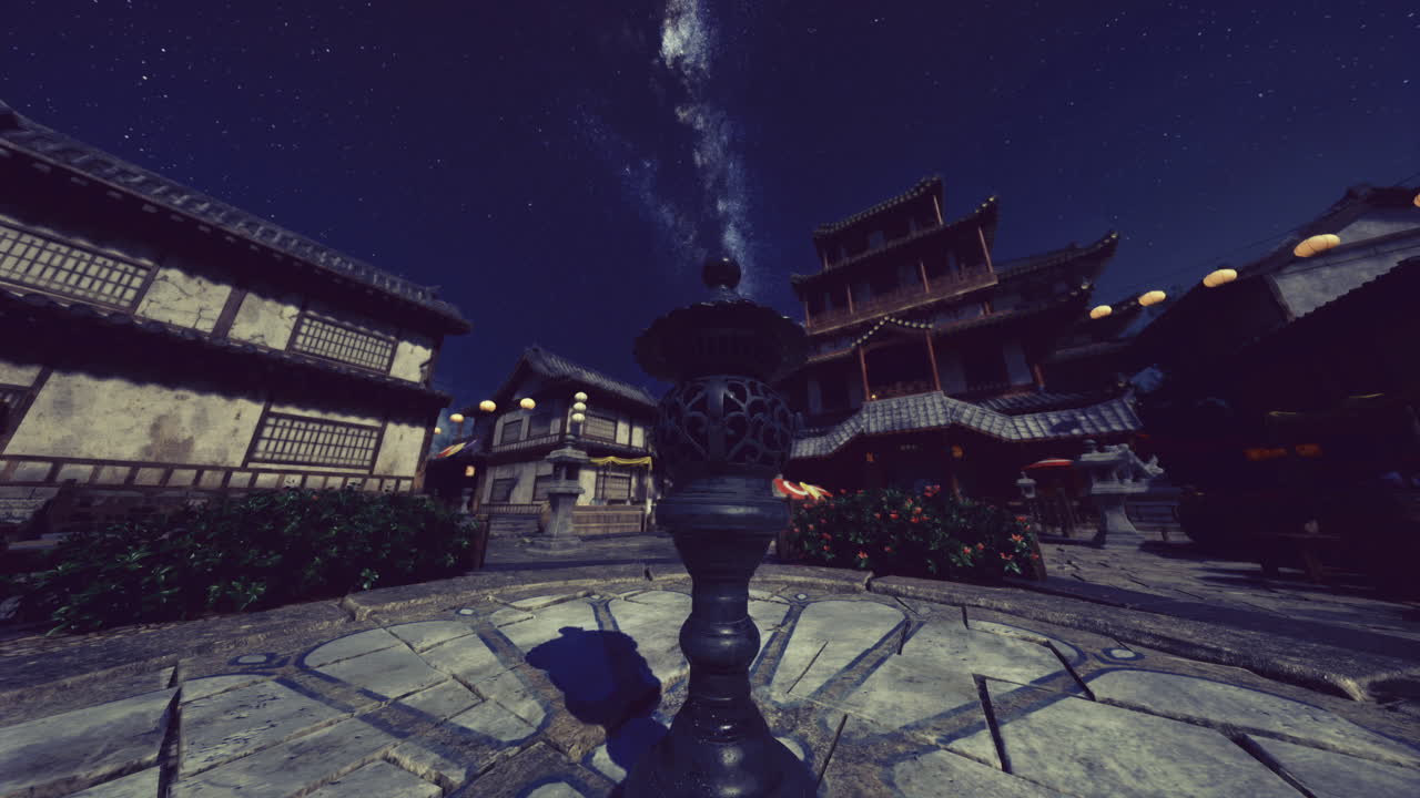 Nighttime view of an ancient village with a night sky full of stars