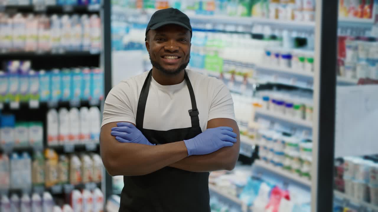Portrait of a happy man with Black skin in a white T-shirt and a black apron who folded his arms on his chest near display cases with dairy products in a large grocery supermarket