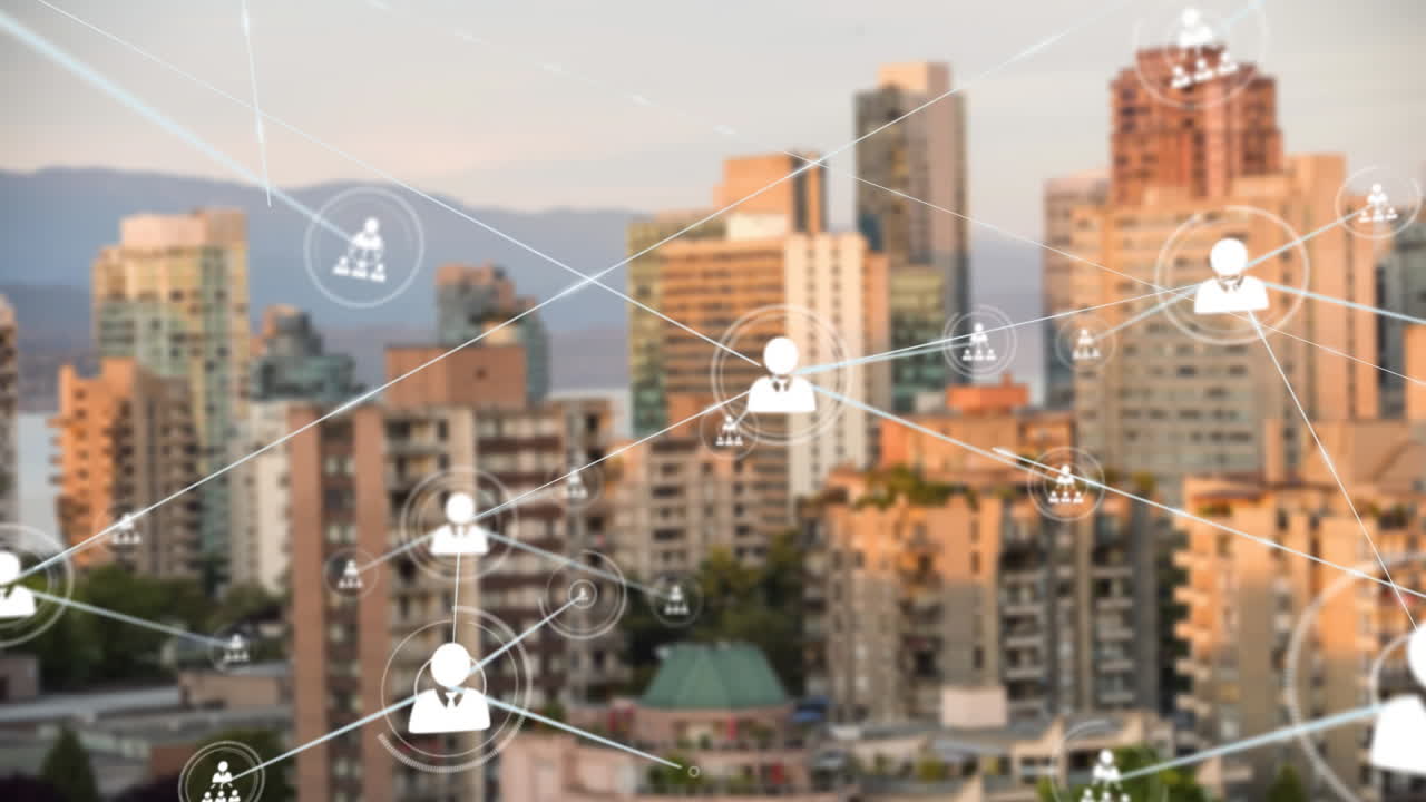 animación de una red de iconos de perfil frente a una vista aérea del paisaje urbano