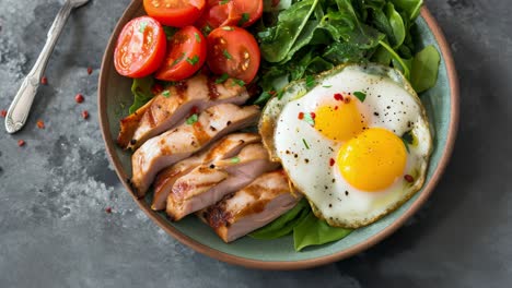 keto lunch bowl with grilled chicken breast, two fried eggs, fresh spinach, and cherry tomatoes seasoned with ground pepper and parsley, promoting a healthy lifestyle