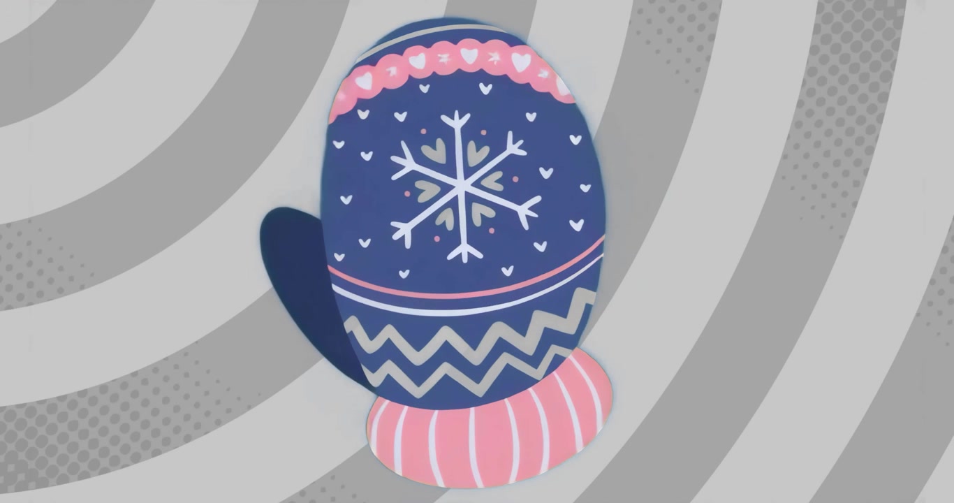 Upon playback mitten oscillating right to left revealing snowflake heart motifs on gray swirl