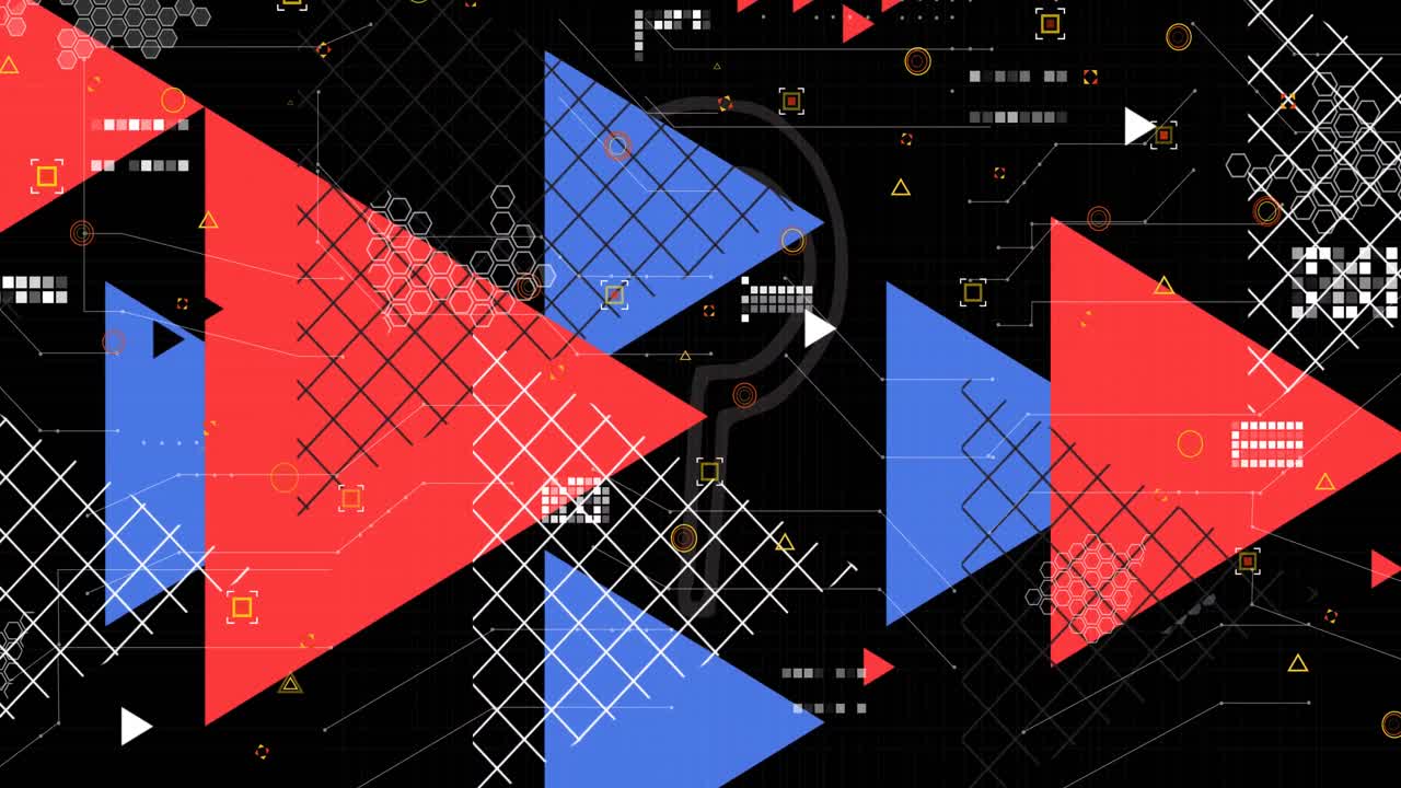 animación del procesamiento de datos sobre triángulos y signo de interrogación sobre fondo negro
