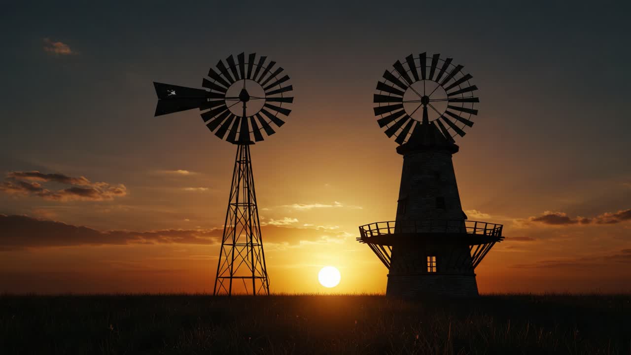 Silhouetted Windmills Against a Vibrant Sunset: A Captivating Display of Nature's Beauty at Dusk with Majestic Wind Turbines Framing the Horizon