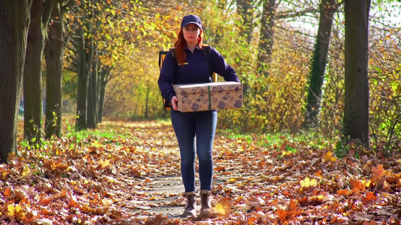 A determined delivery person walks through an autumnal park, carrying a beautifully wrapped package amidst colorful fallen leaves and golden trees