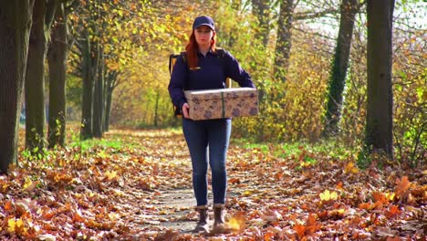 a determined delivery person walks through an autumnal park, carrying a beautifully wrapped package amidst colorful fallen leaves and golden trees