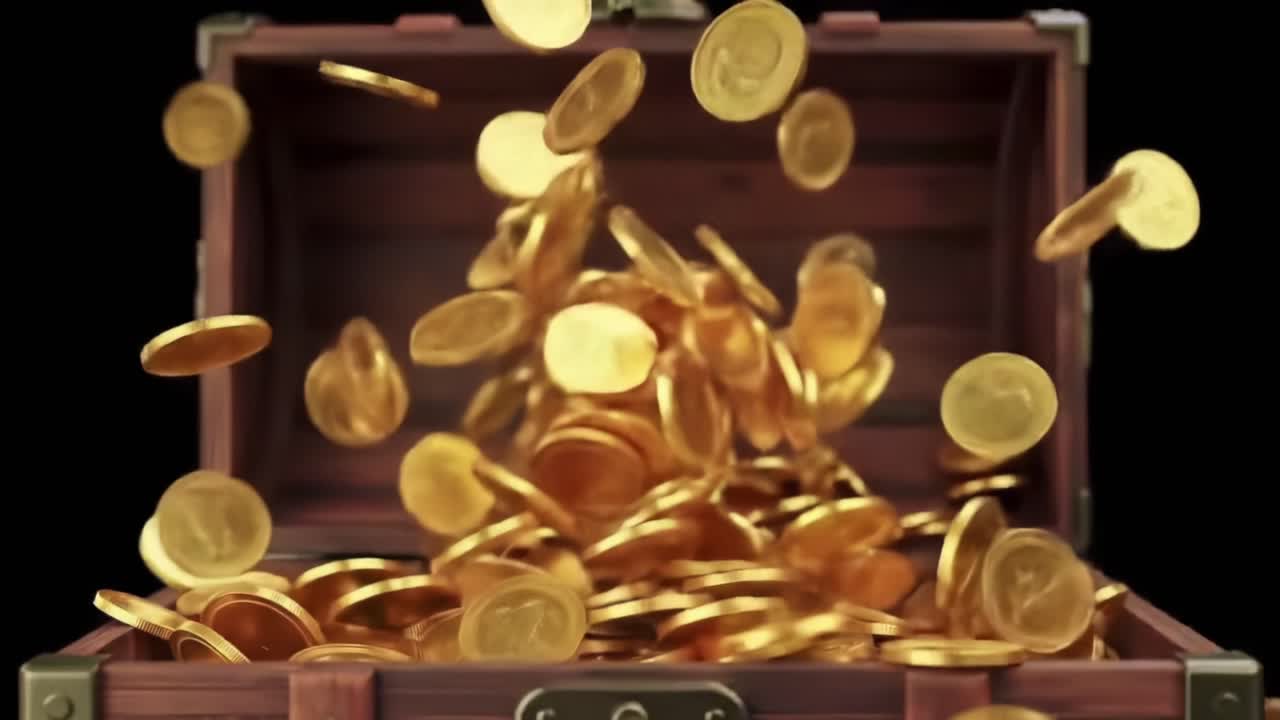 A Magical Treasure Chest Overflowing with Gleaming Gold Coins, Capturing the Essence of Wealth and Adventure in Every Shimmering Reflection in the Light