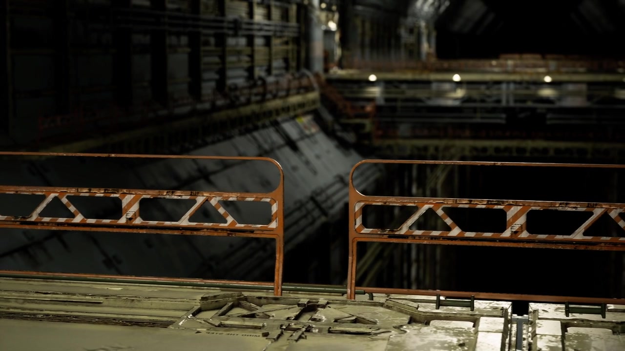 Scena z zardzewiałą barierą i rozmytymi detalami przemysłowego tła.