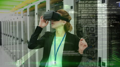 wearing vr headset, woman exploring virtual data over server room background