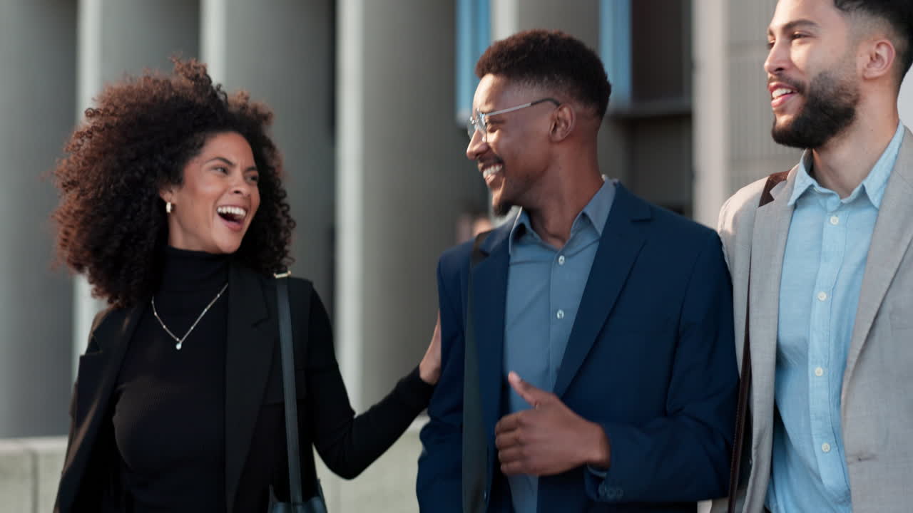 Happy business people, team and walk in street