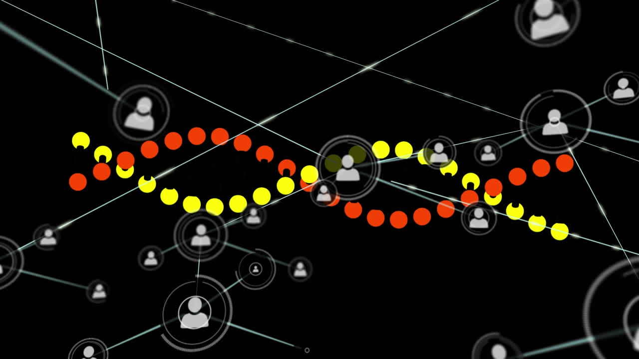 Animation of network of connections with icons over dna strand spinning on black background