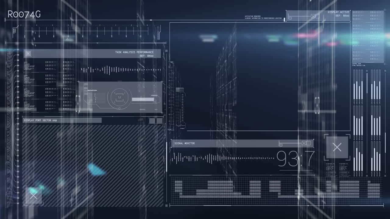 Animation of diverse data processing over black background with light