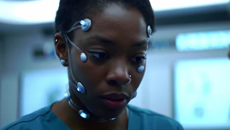 woman with brain sensors in medical setting