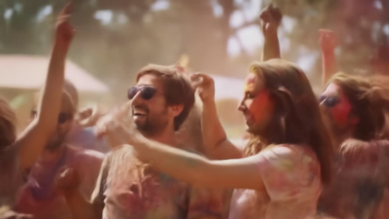Friends gather at a vibrant festival, celebrating with laughter and dance. Colorful powders fill the air as they enjoy music and a joyful atmosphere under the bright sun.