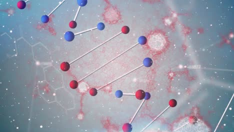 animación de cadenas de adn sobre fondo azul con fórmulas químicas