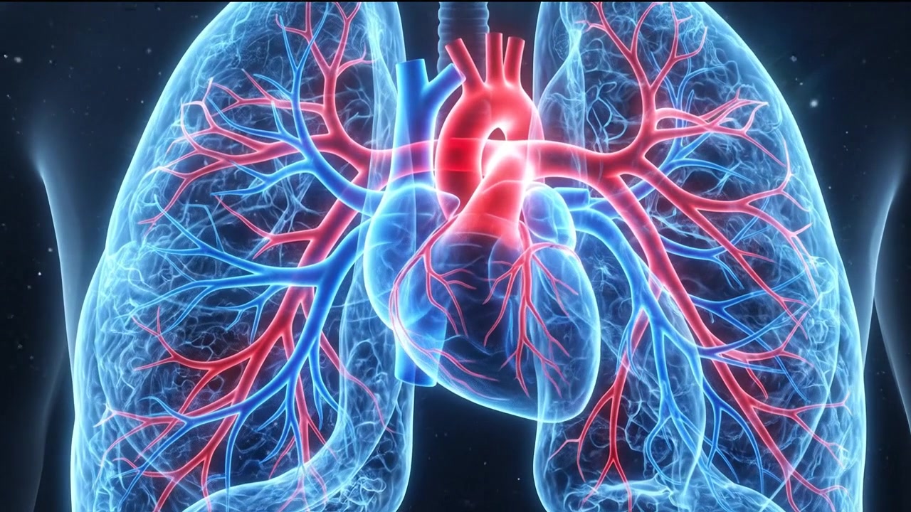 Animazione di un cuore umano che batte con rete arteriosa luminosa.