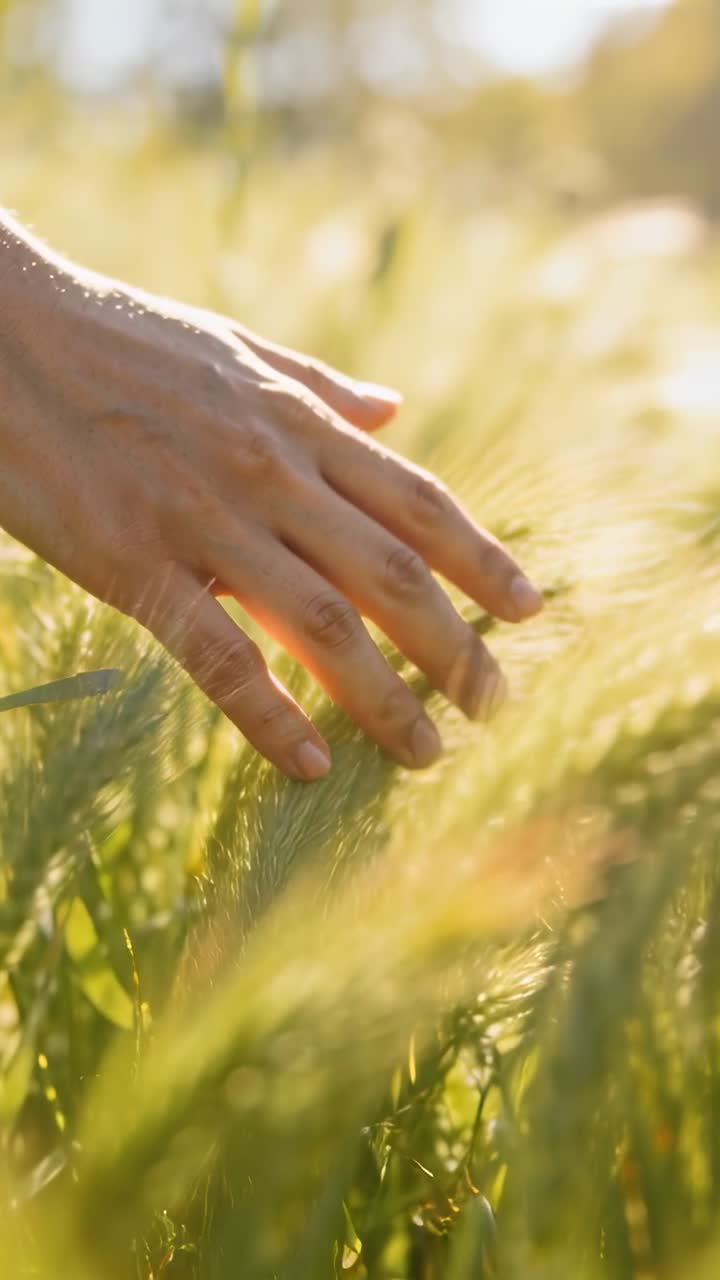 Vertical video: Entering left, adult hand and bare forearm feeling grain stalks in sunlit field