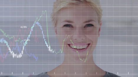 animation of financial data processing over smiling caucasian businesswoman in office