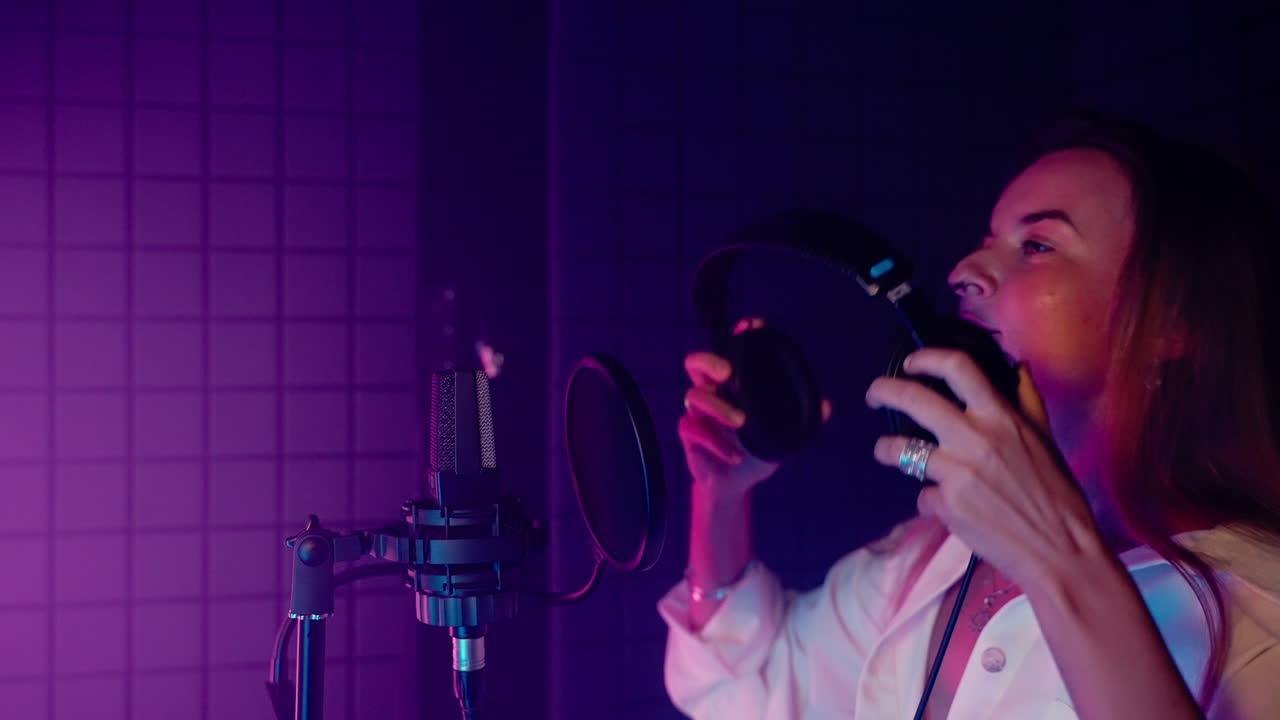 녹음 스튜디오 에서 노래 하는 여자