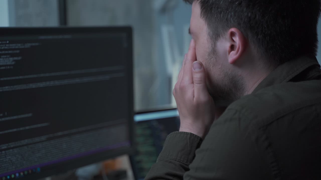 Tired exhausted freelance programmer, rubbing his eyes and head, suffering from eye strain while sitting at desk. Specialist, remote worker, has dry eye syndrome, fatigue after long work at computer