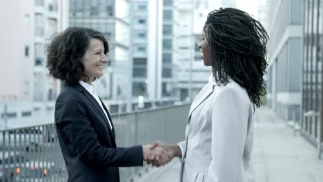 cheerful businesswomen meeting on street