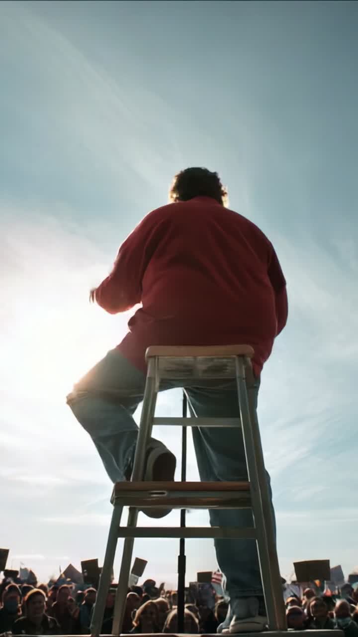 A Speaker on a Stool Engaging a Large Audience Under a Bright Sky, Emphasizing Passionate Gestures and Community Involvement During an Inspirational Speech