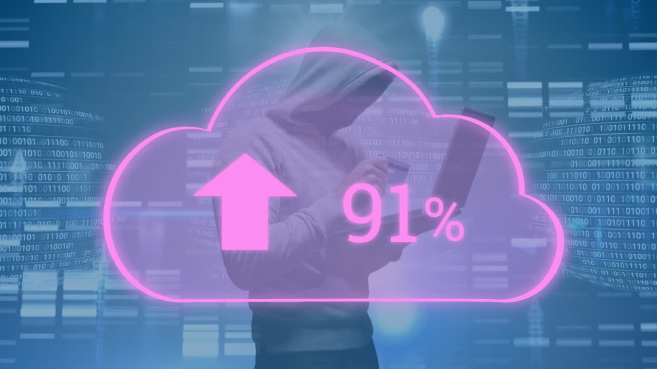 블루 배경에 퍼센트와 해커와 함께 구름의 애니메이션