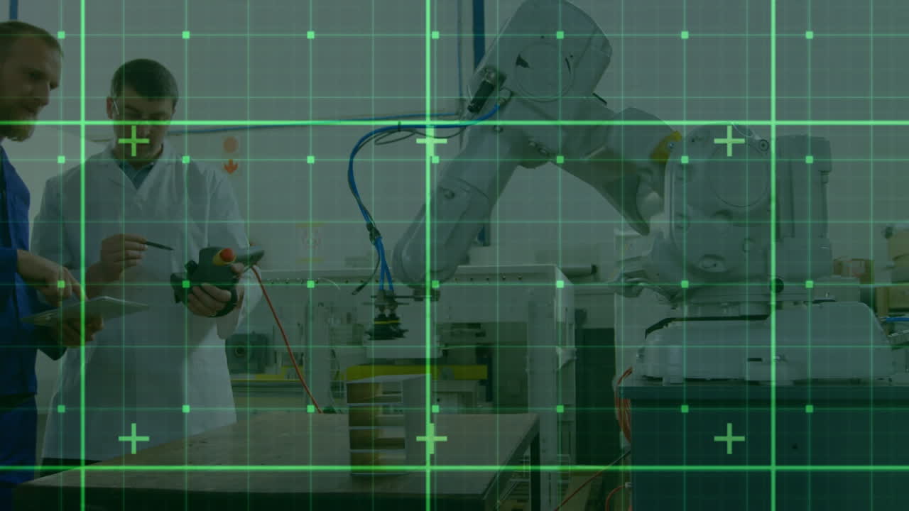 animazione di un modello di griglia su scienziati caucasici che discutono di esperimenti in laboratorio