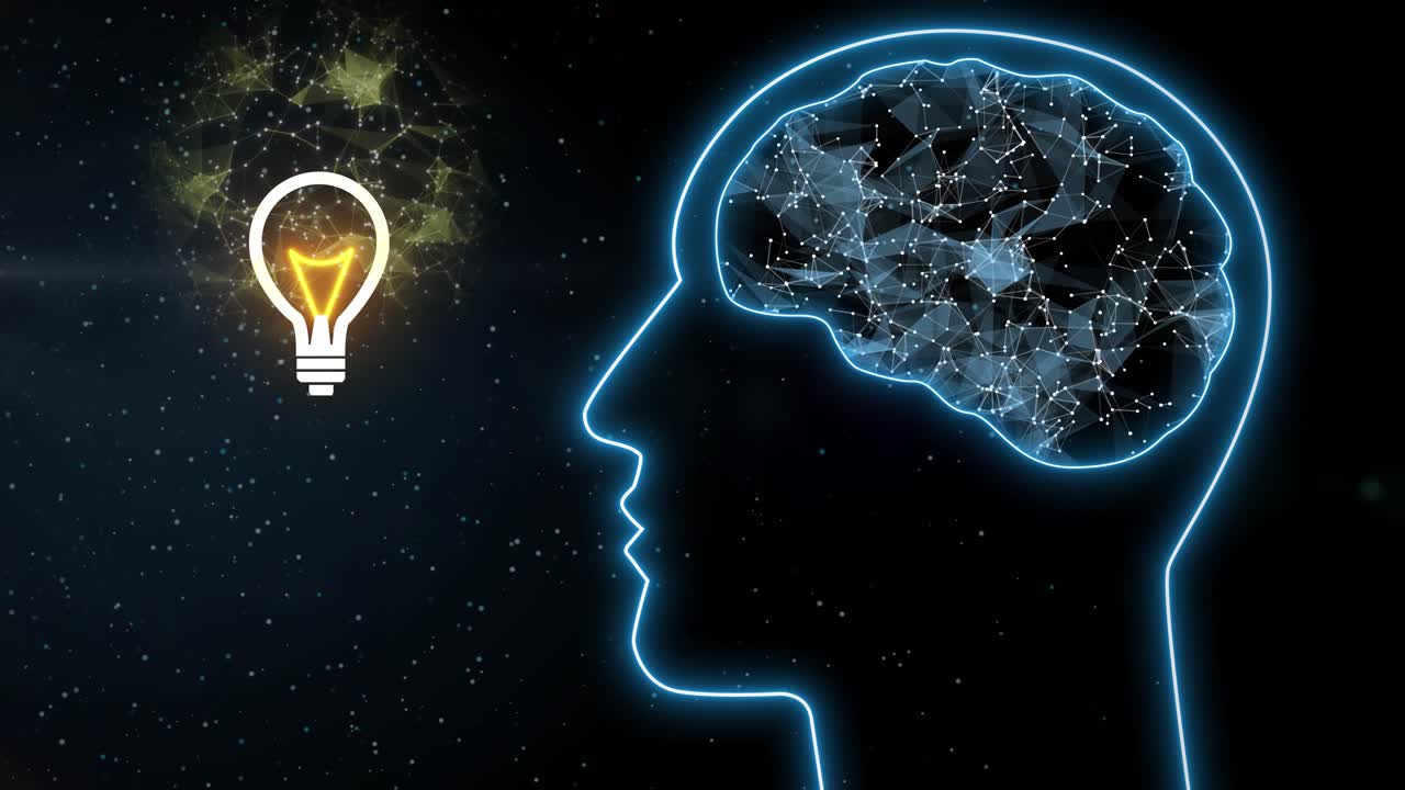 Animation of light invention bulb appearing as creative innovative solution from human brain at work with particle moving and connecting with the universe delivering new idea for evolution
