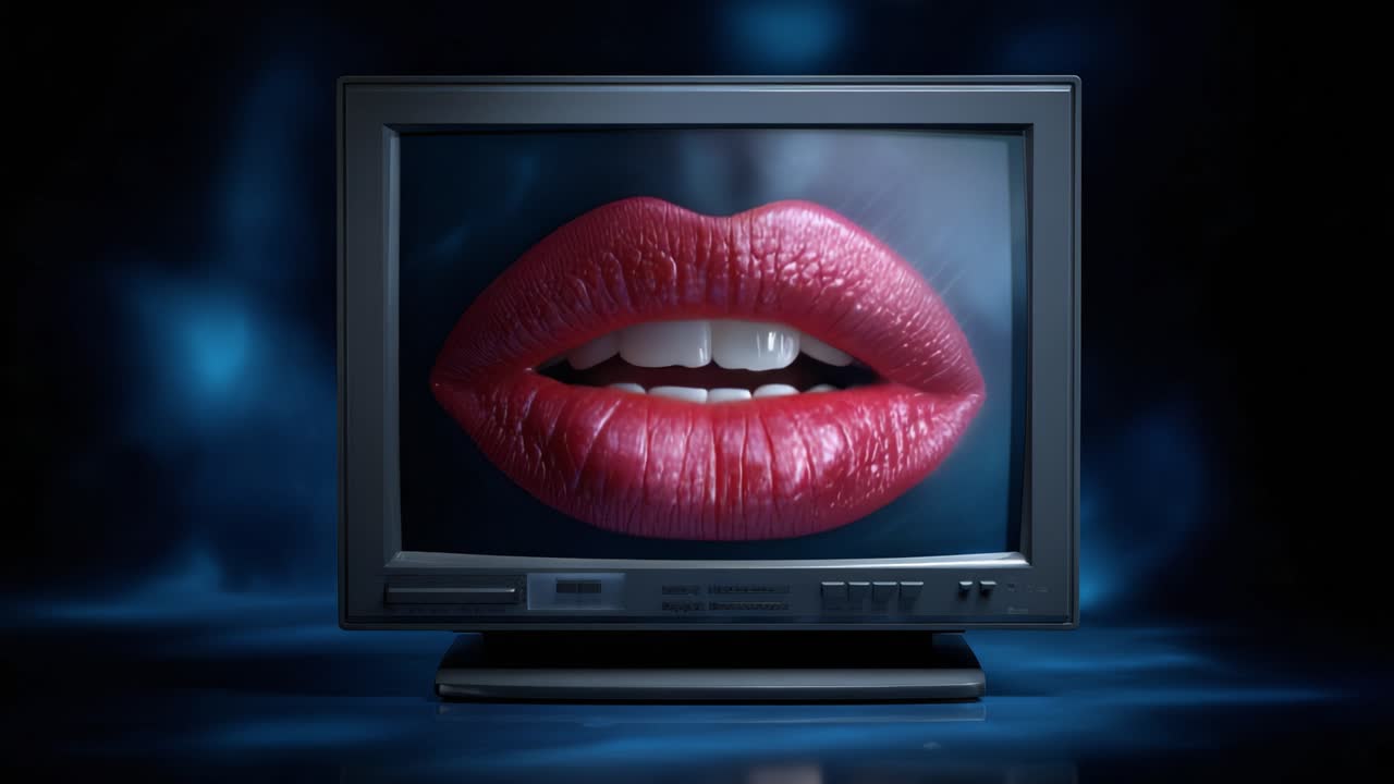 Un'immagine sorprendente di labbra rosse e lucide visualizzate su un vecchio schermo televisivo, che enfatizza la giustapposizione di tecnologia vintage con estetica moderna.