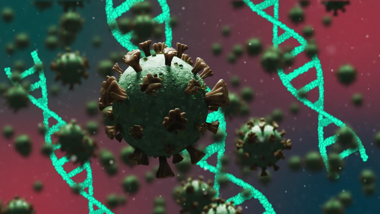 adn y bacterias de coronavirus volando sobre el fondo de gradiente.