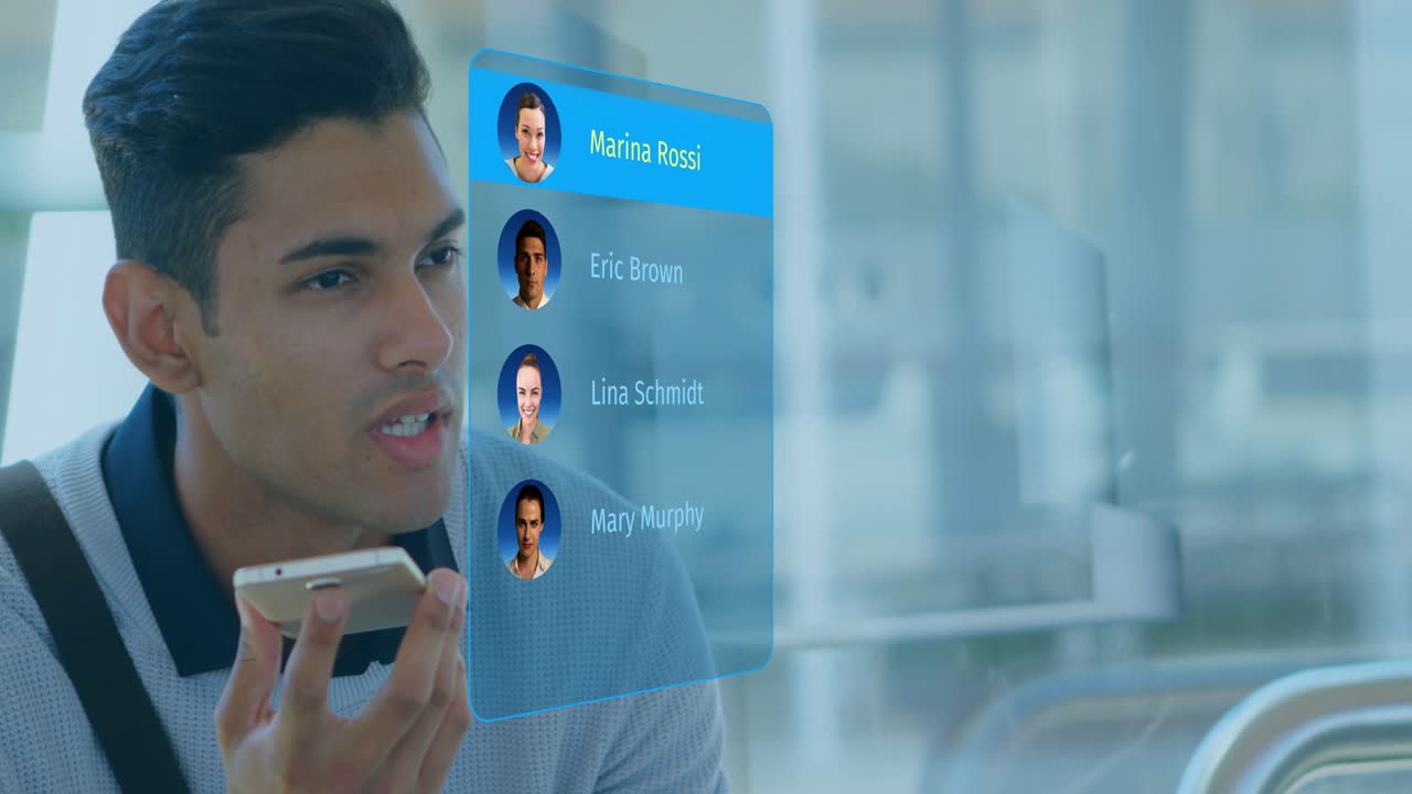 Uomo che parla al telefono in un hub, lista olografica che appare, scorre l'evidenziazione e chiama Mary Murphy tech