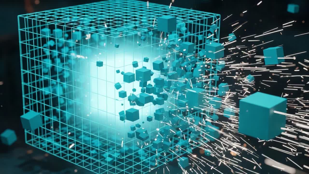 Dynamic Explosion of Cubic Particles from a Luminous 3D Grid Structure Representing Complex Data Visualization and Energy Release