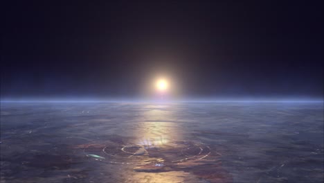 futuristic view of earth's horizon from space with storms and the rising sun