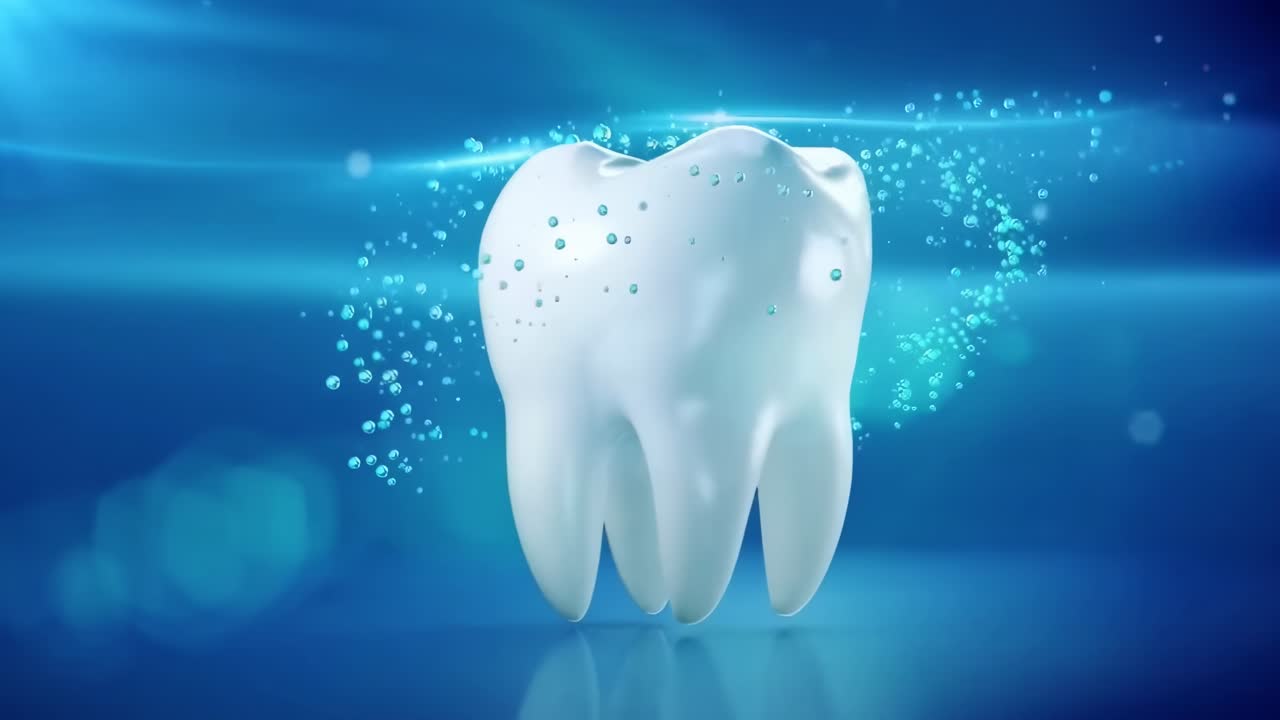 Close-up video of a shiny tooth with sparkling effects, set against a vibrant blue background