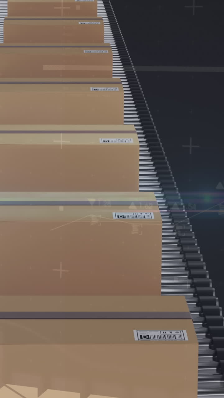 검은 바탕에 컨베이어 벨트에 있는 카드보드 상자 위에서 통계 처리의 애니메이션