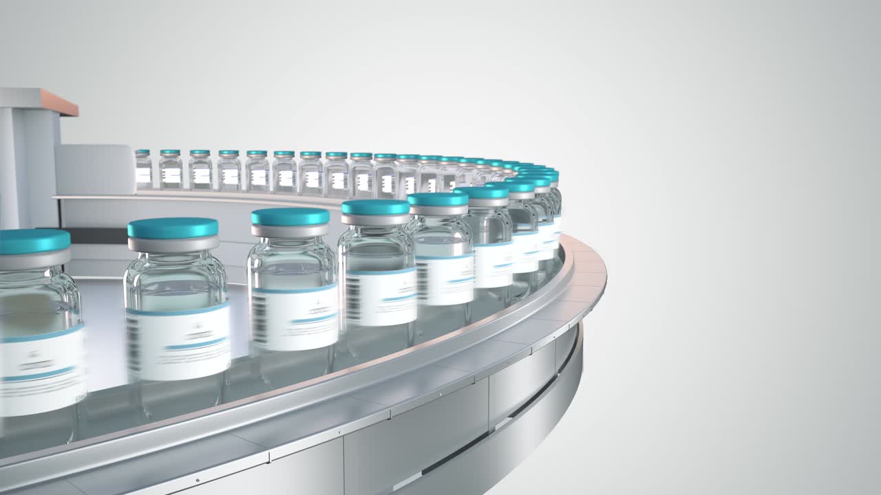 코로나바이러스 코로나19 백신의 대량 생산: 의약품 실험실에서 코로나 바이러스 백신 병을 가진 컨베이어에서 백신을 제조, 면역 및 백신을 위한 약, 루프 애니메이션