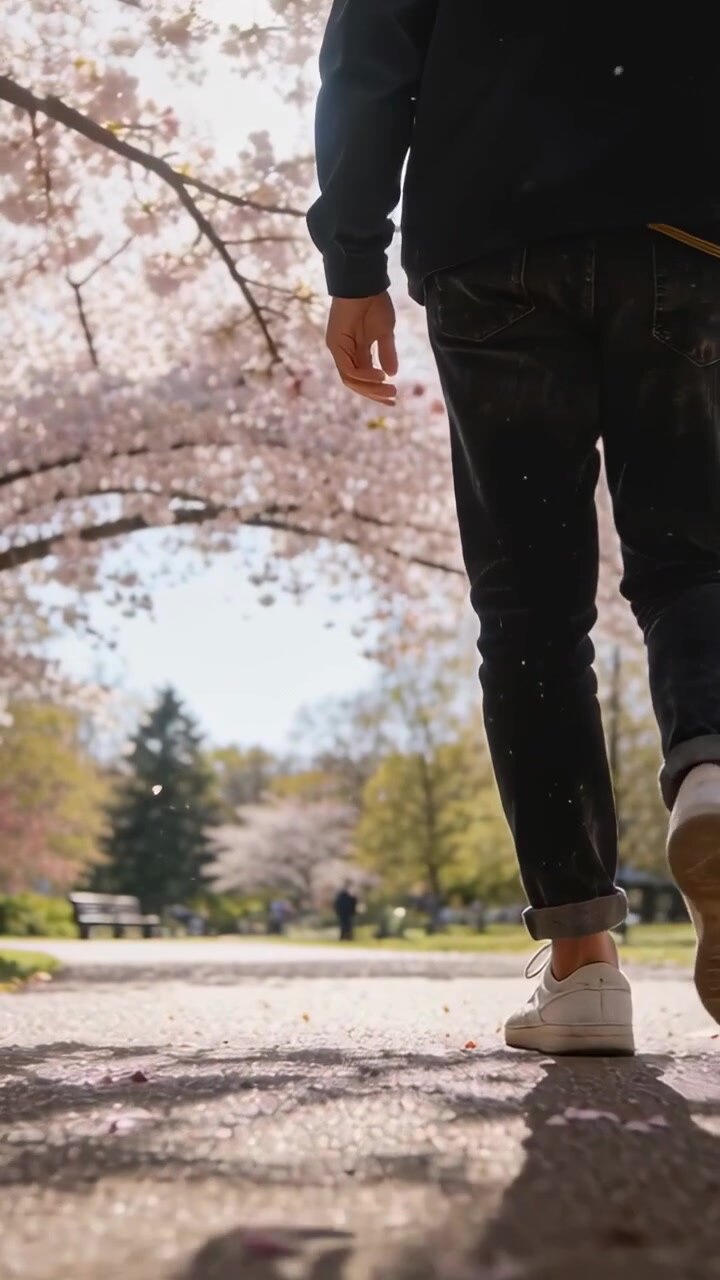 Vertical video: Walking man in white shoes moving to bench on park path with petals, camera low