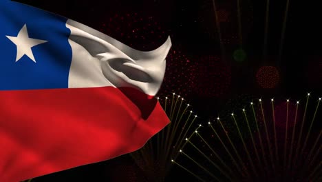 animación de la bandera de chile sobre fuegos artificiales en fondo negro.