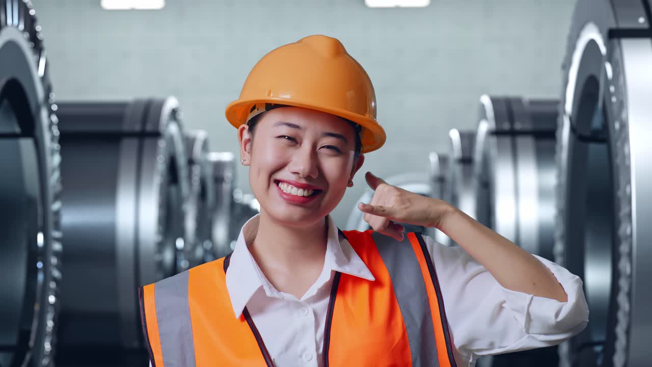 안전 헬을 입은 아시아 여성 엔지니어가 카메라를 향해 미소 짓고 금속 공장에서 서 있는 동안 나를 불러 주십시오.