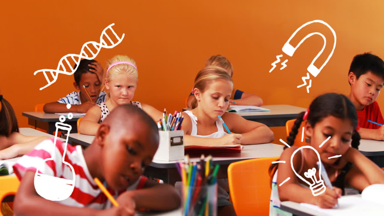 Animation of school icons over school children at school