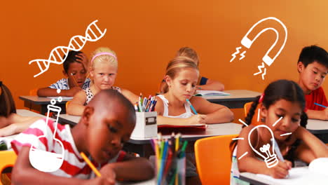 animation of school icons over school children at school