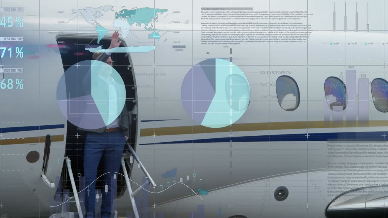 비행기에서 백인 사업가에 대한 금융 데이터 처리의 애니메이션