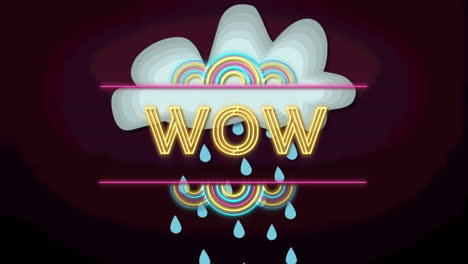 animation of wow text over cloud with rain on purple background