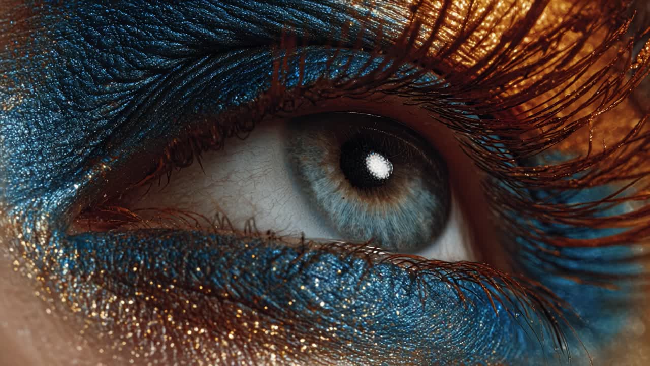 A Stunning Close-Up of an Eye with Vibrant Blue and Gold Makeup Accents, Showcasing the Intricacies of Eye Color and Eyelash Detail in a Fashion-Forward Aesthetic