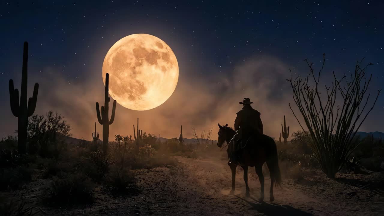 Cowboy riding through the desert under a full moon