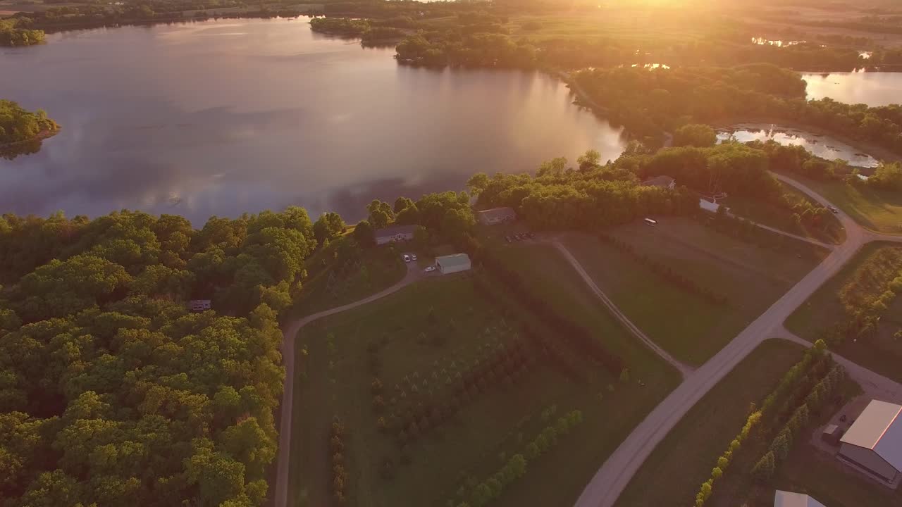 Aerial shot of a sunset over a lake in Minnesota